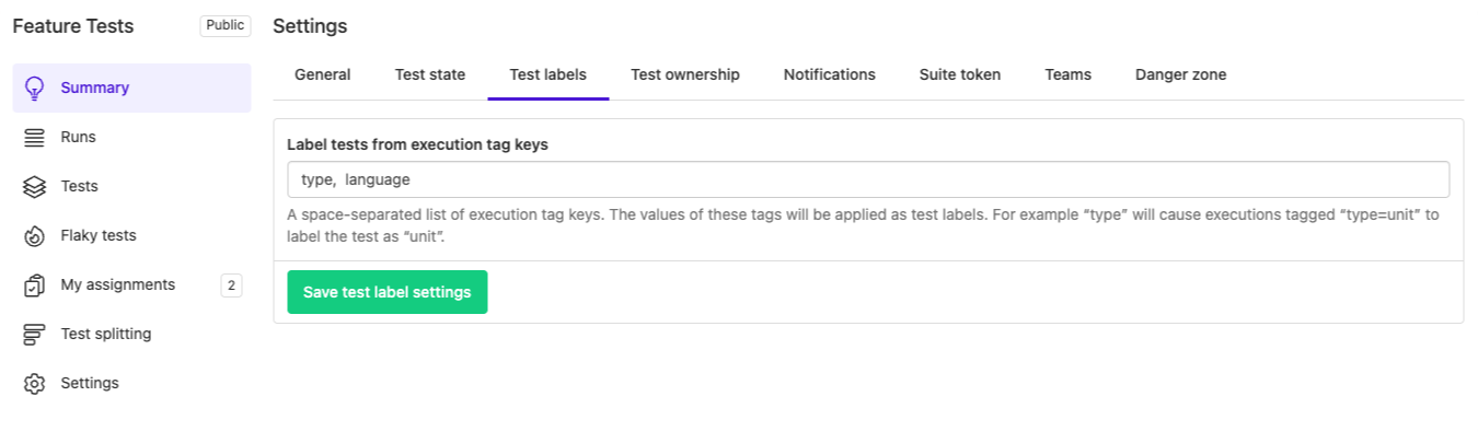 Screenshot of configuring suite settings to copy tags to labels